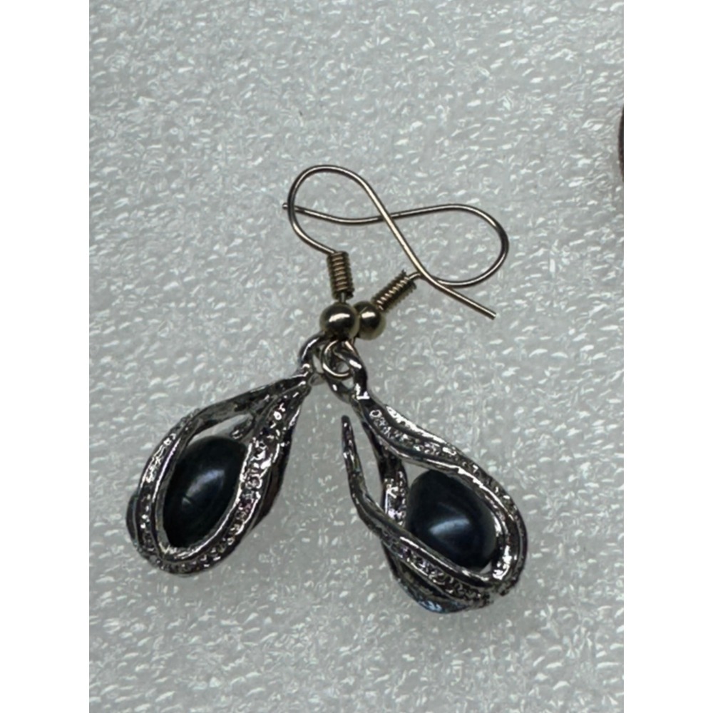 Teardrop Dangle Earrings Dark Blue Faux Pearl Cage Design Silver Tone